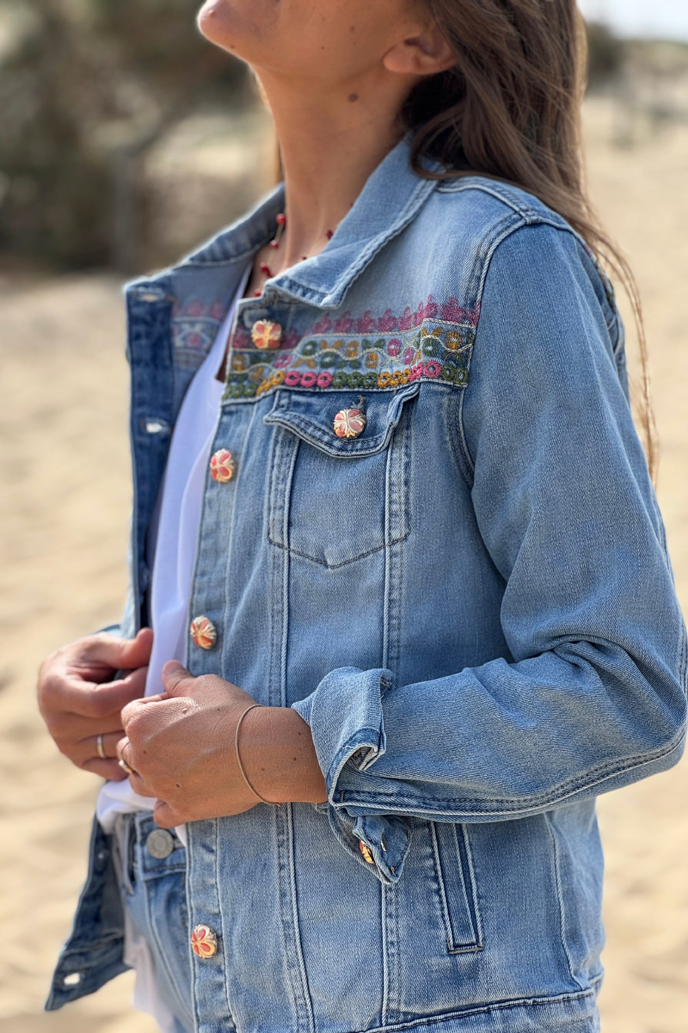 Chambray Ibiza Sun Bead and Embroidered Denim Jacket
