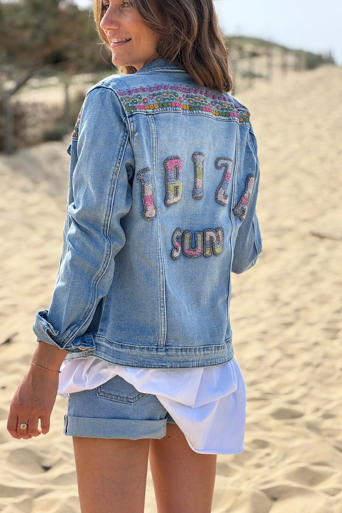 Chambray Ibiza Sun Bead and Embroidered Denim Jacket
