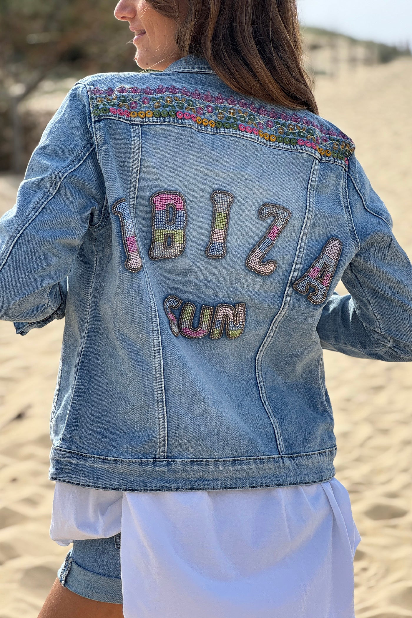Chambray Ibiza Sun Bead and Embroidered Denim Jacket
