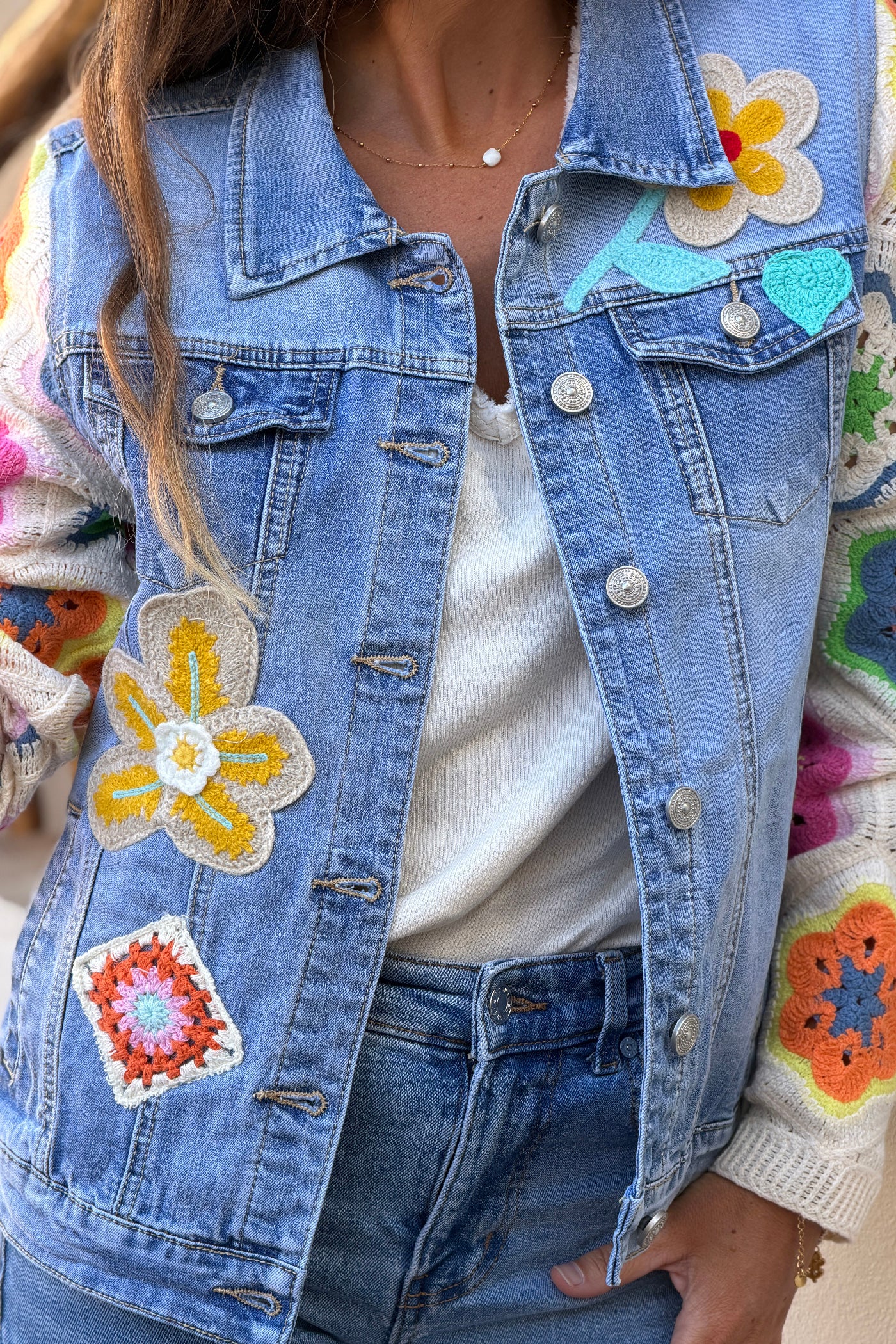 Denim Crochet Floral Applique Vest