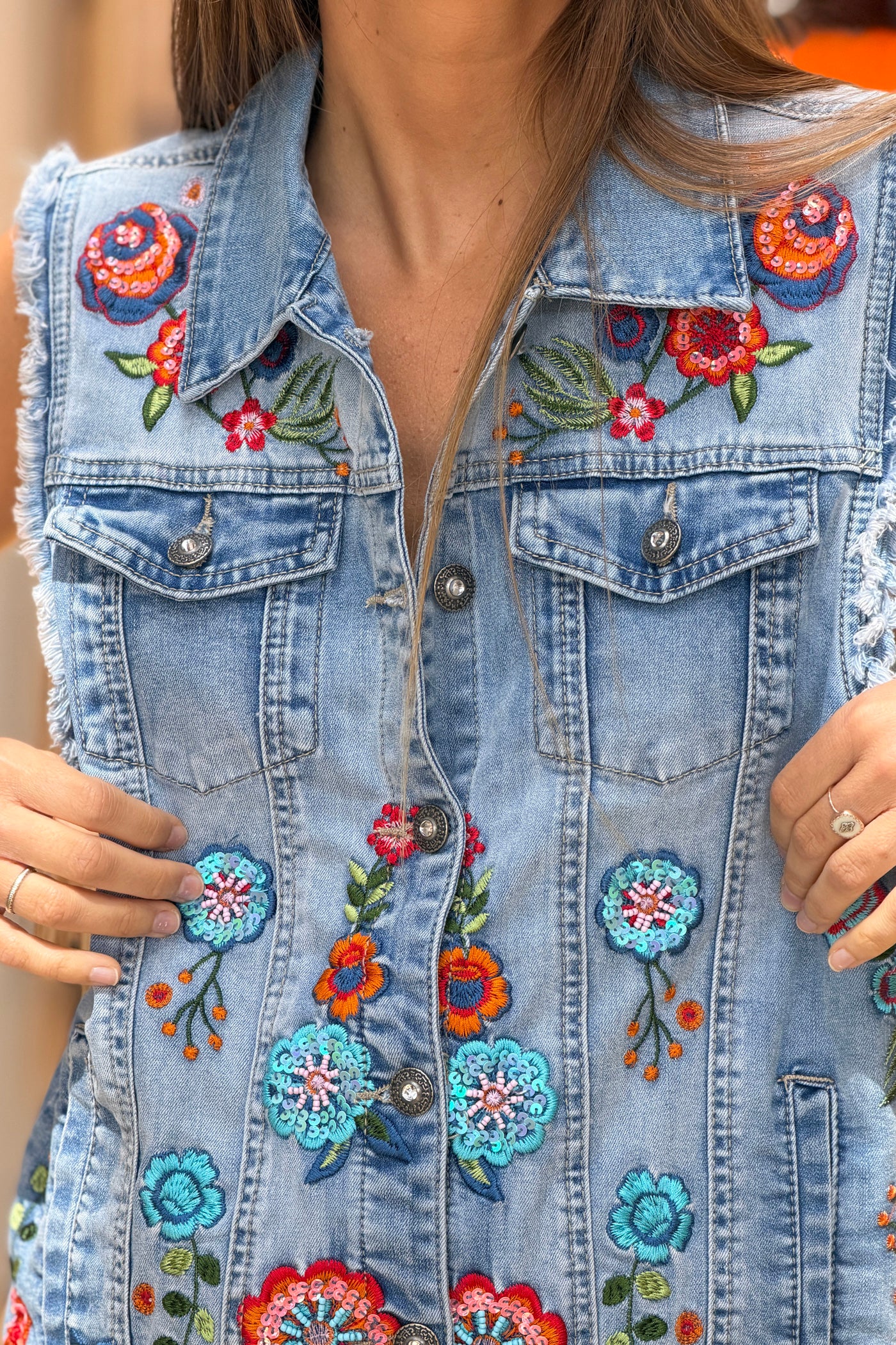 Blue jean Embroidered Flowers Denim Vest