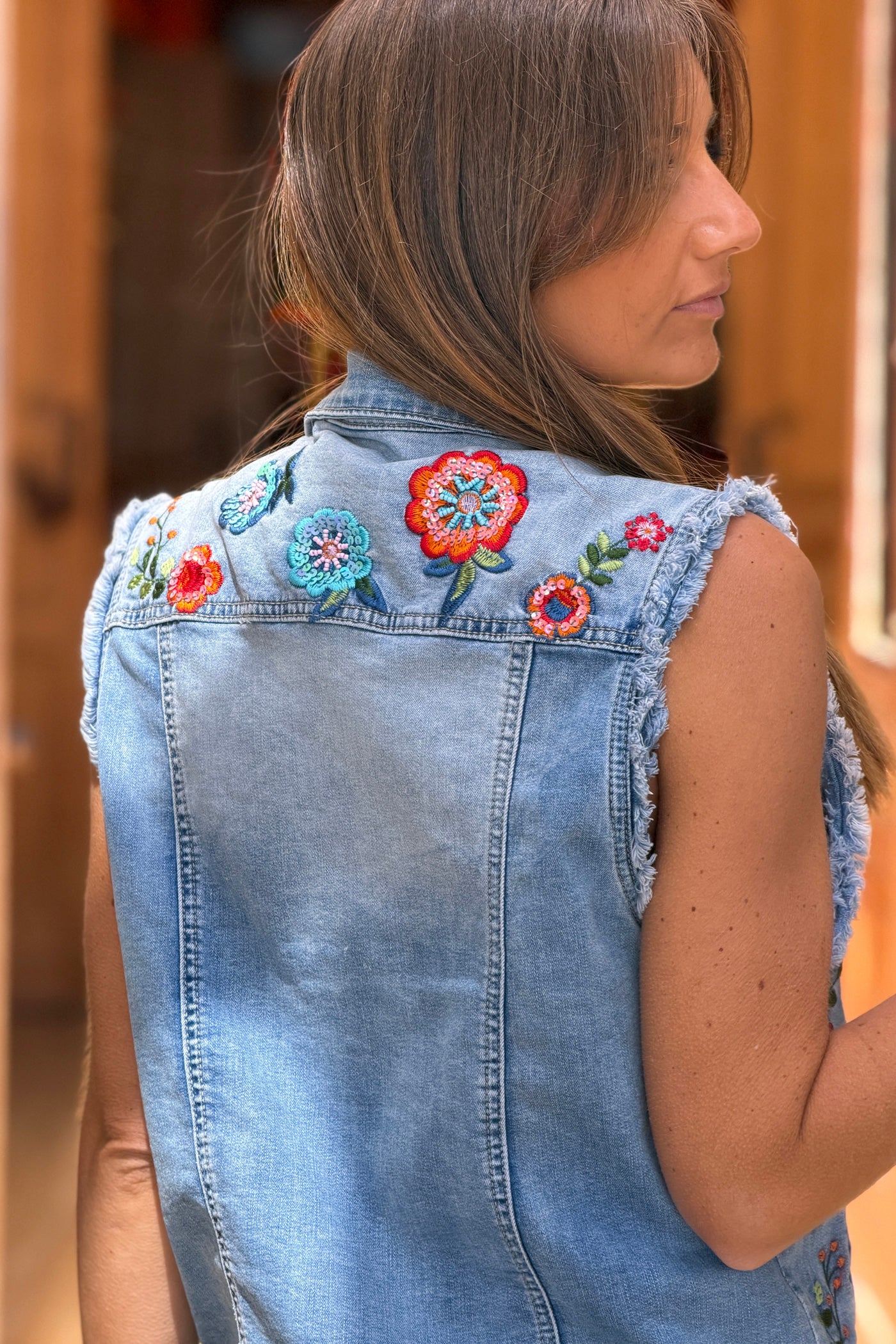 Blue jean Embroidered Flowers Denim Vest