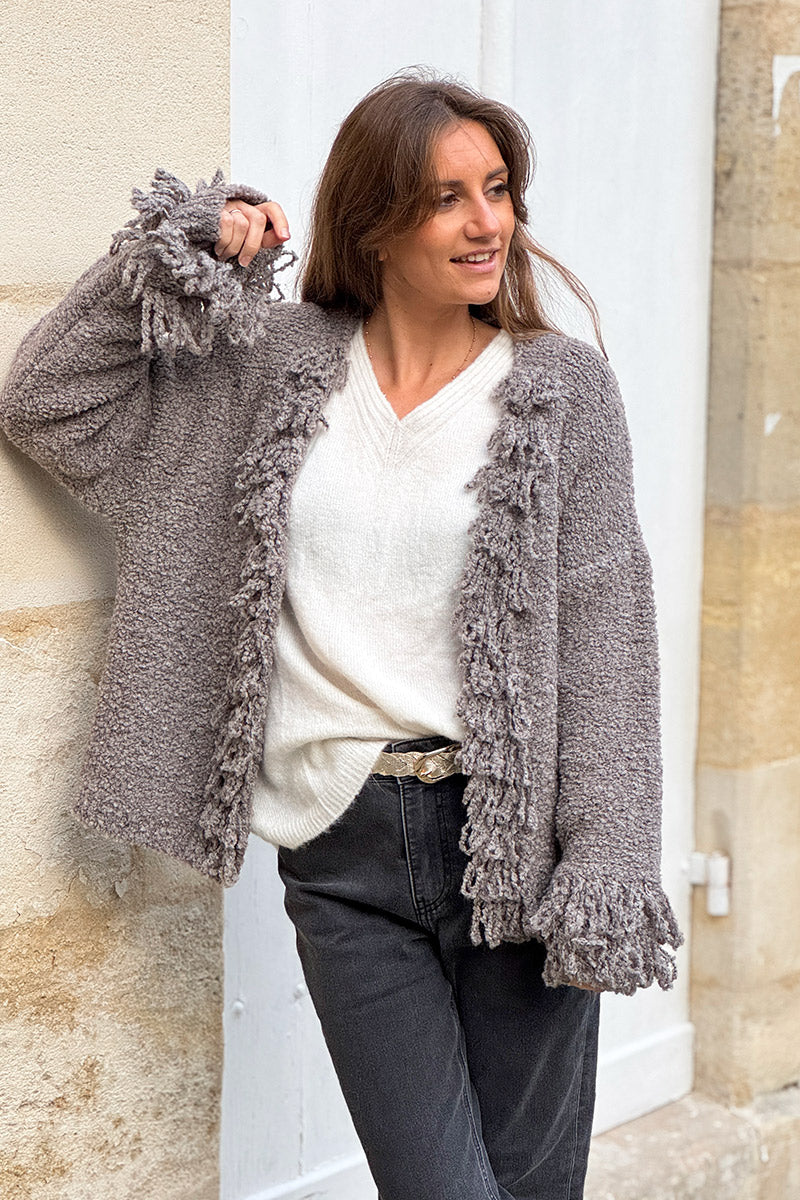 Gray Boucle Fringe Cardigan