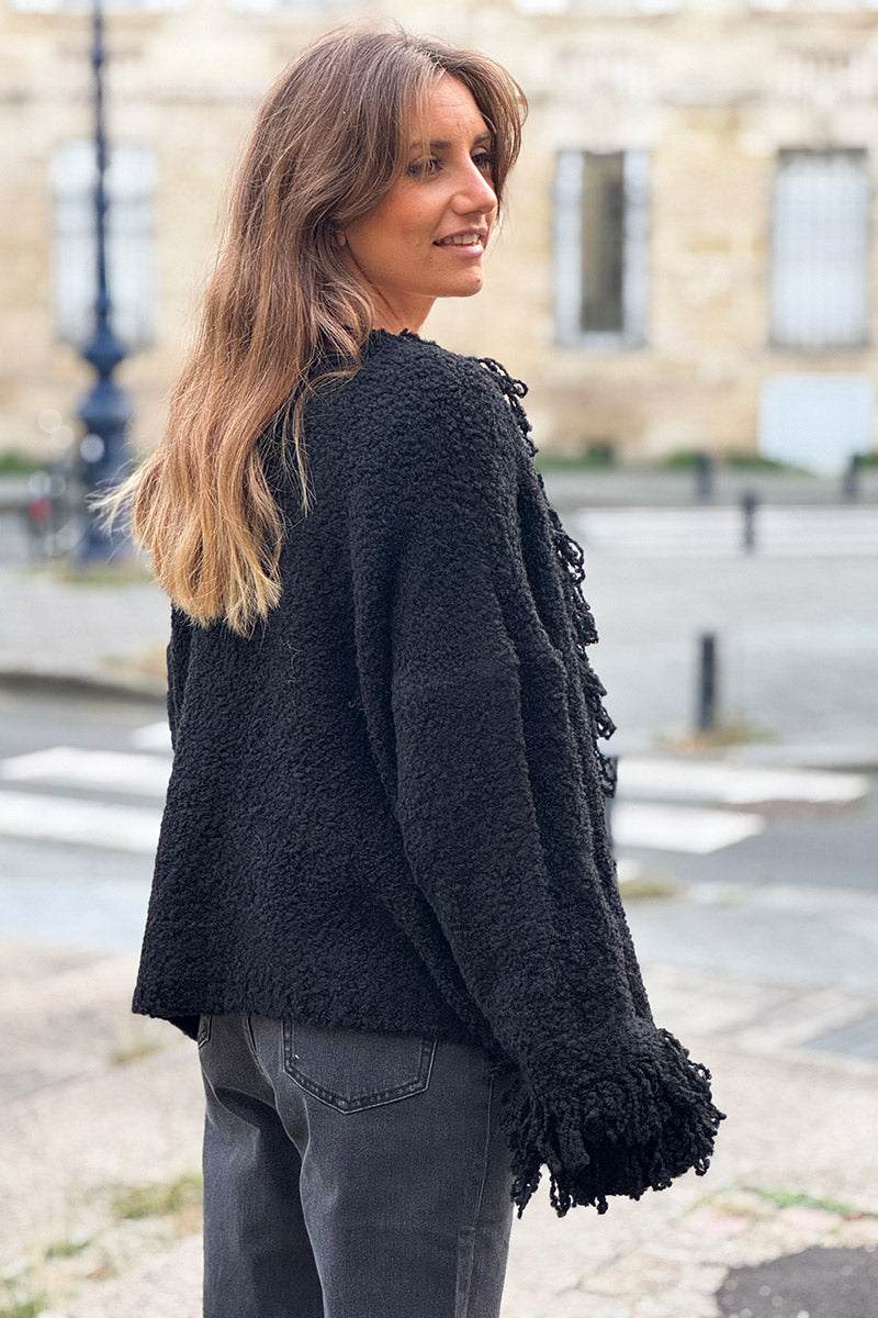 Veste en laine mélangée et alpaga noir maille bouclette franges aux manches et col