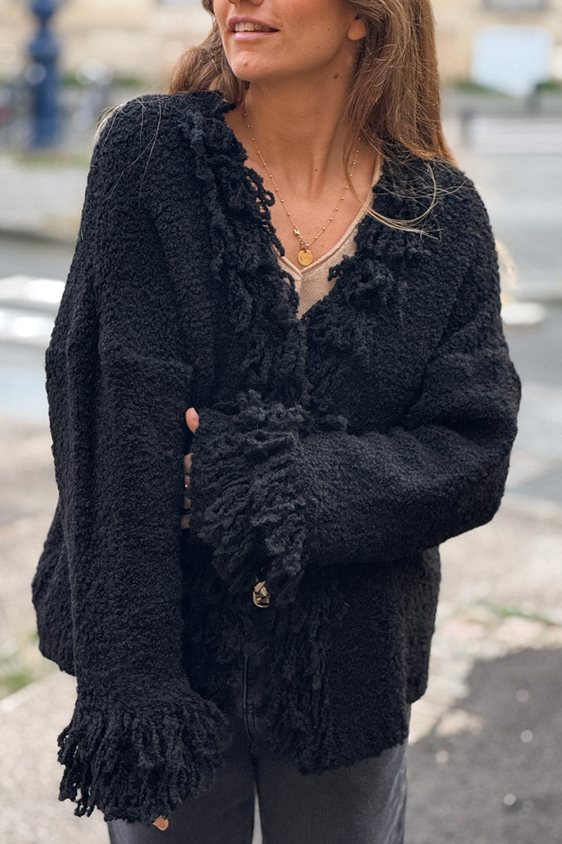 Veste en laine mélangée et alpaga noir maille bouclette franges aux manches et col