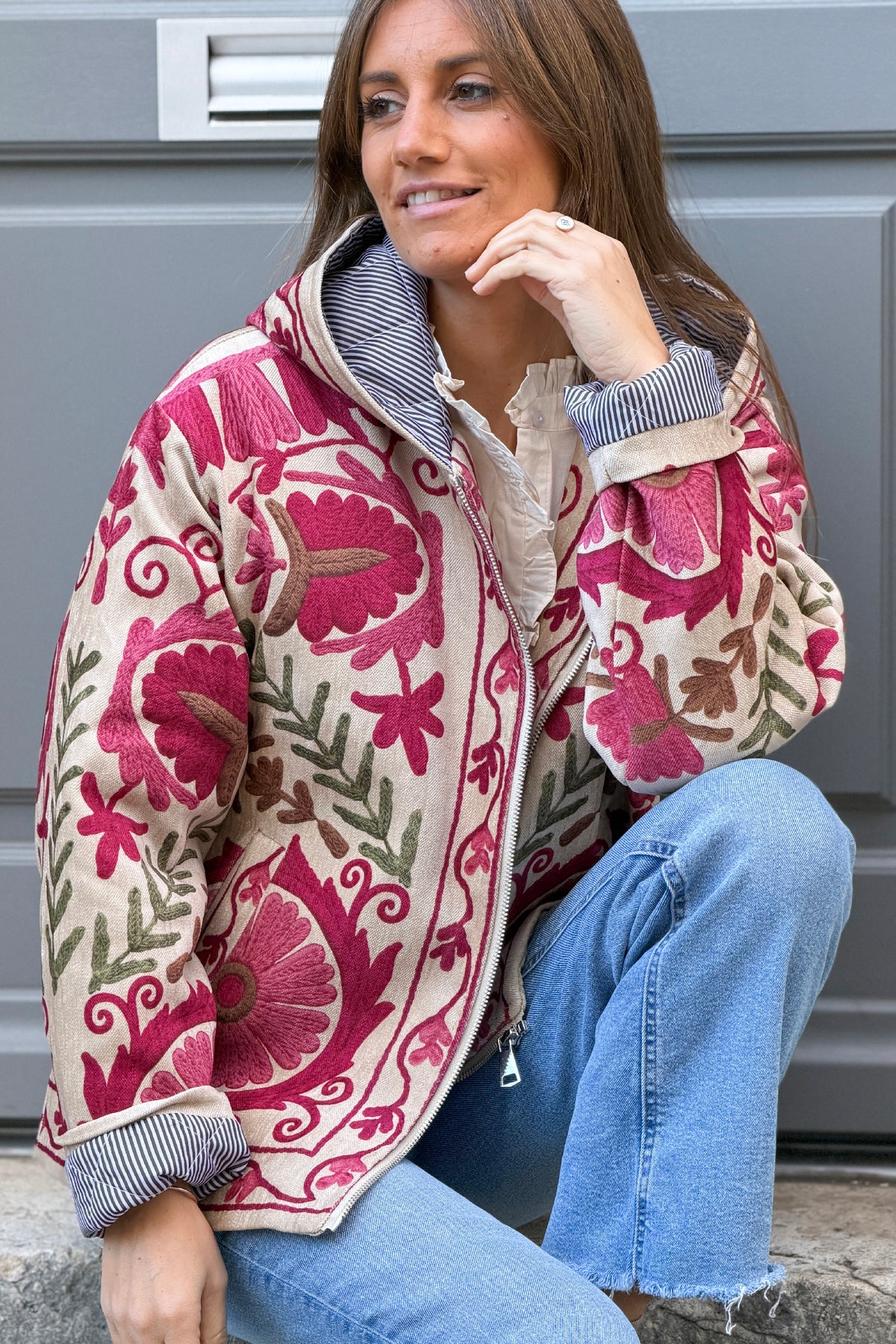 Cream Folk Art Hooded Tapestry Jacket