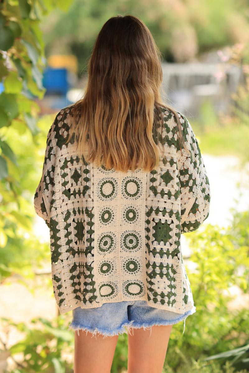 Ecru and khaki crochet cardigan with peruvian pattern