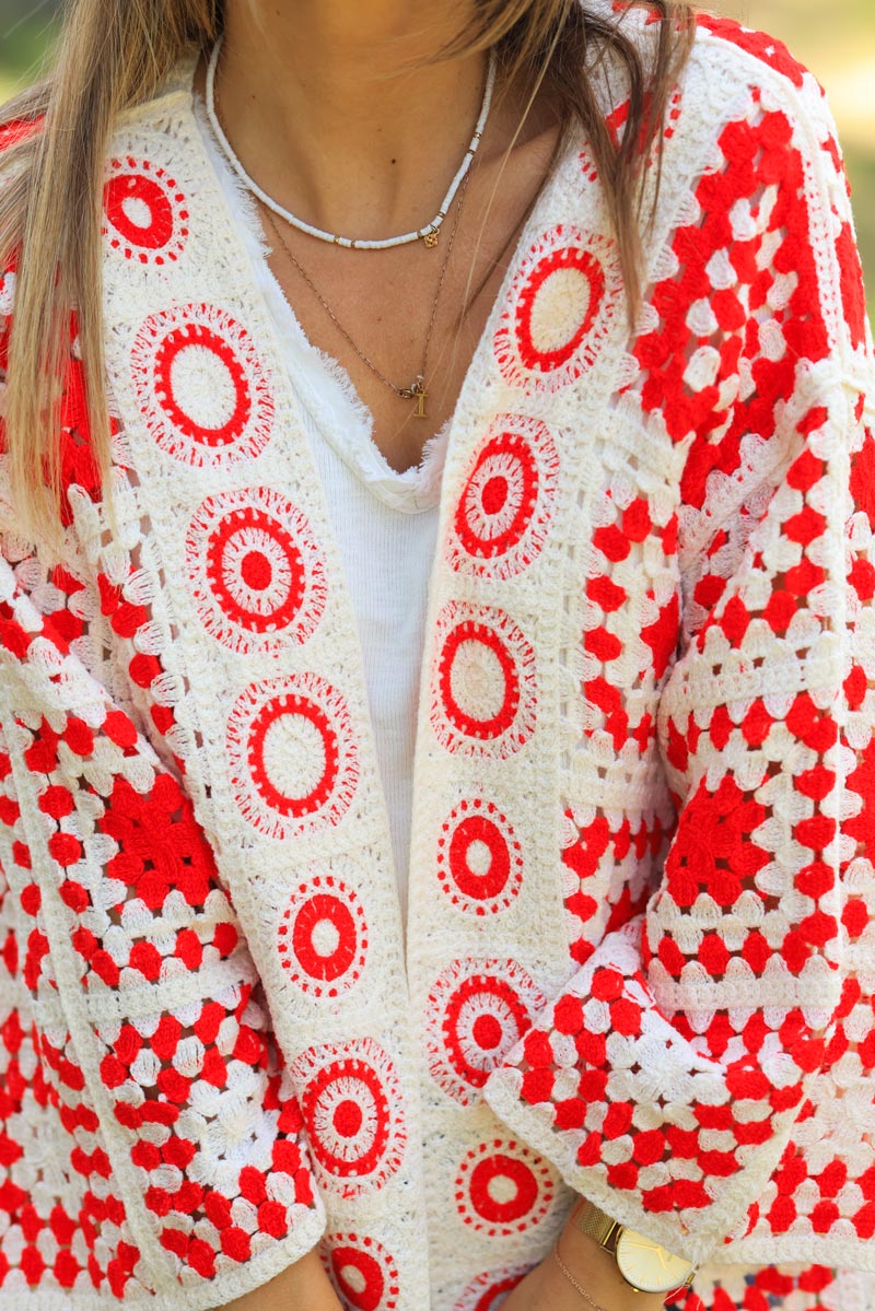 Veste gilet en crochet rosaces et motifs péruviens rouge