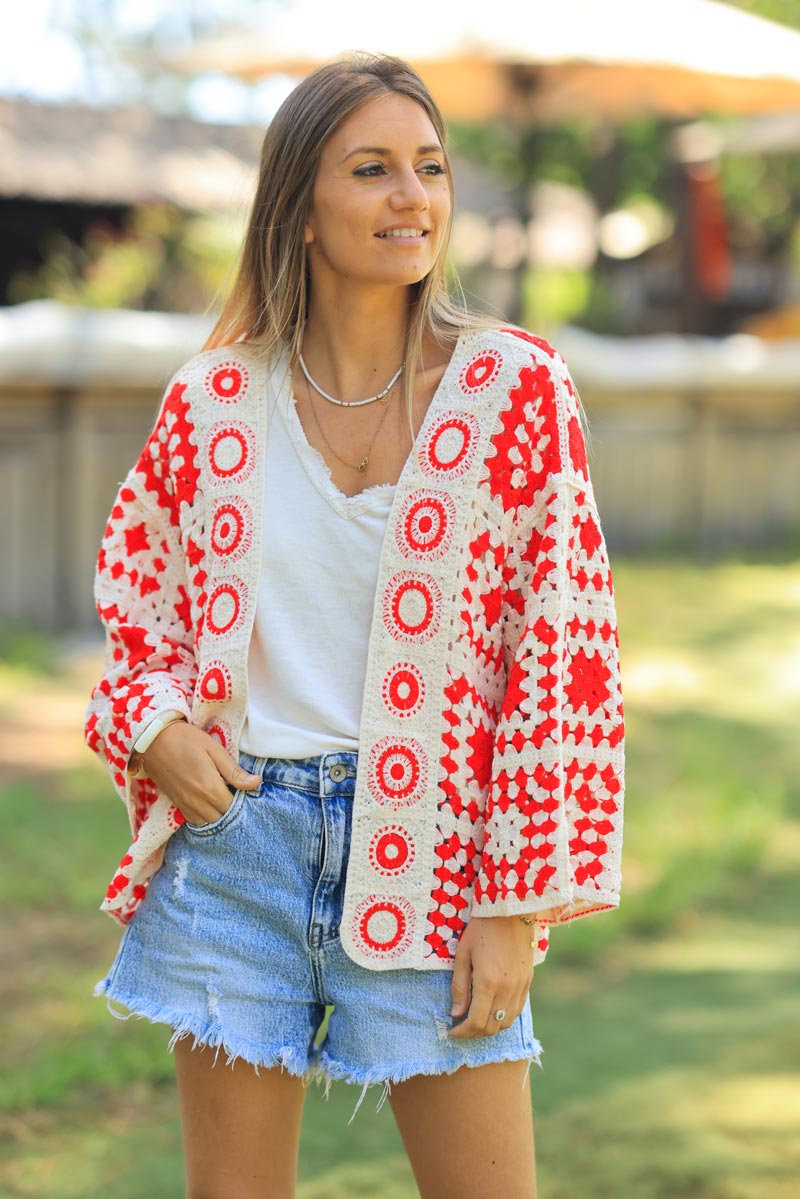 Ecru and red crochet cardigan with peruvian pattern