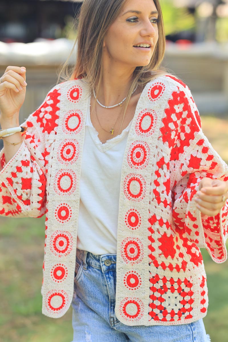 Ecru and red crochet cardigan with peruvian pattern