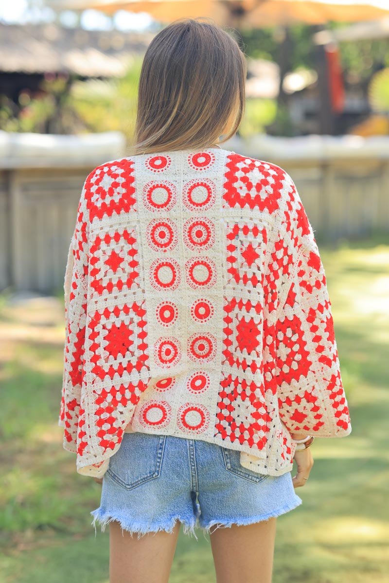 Ecru and red crochet cardigan with peruvian pattern