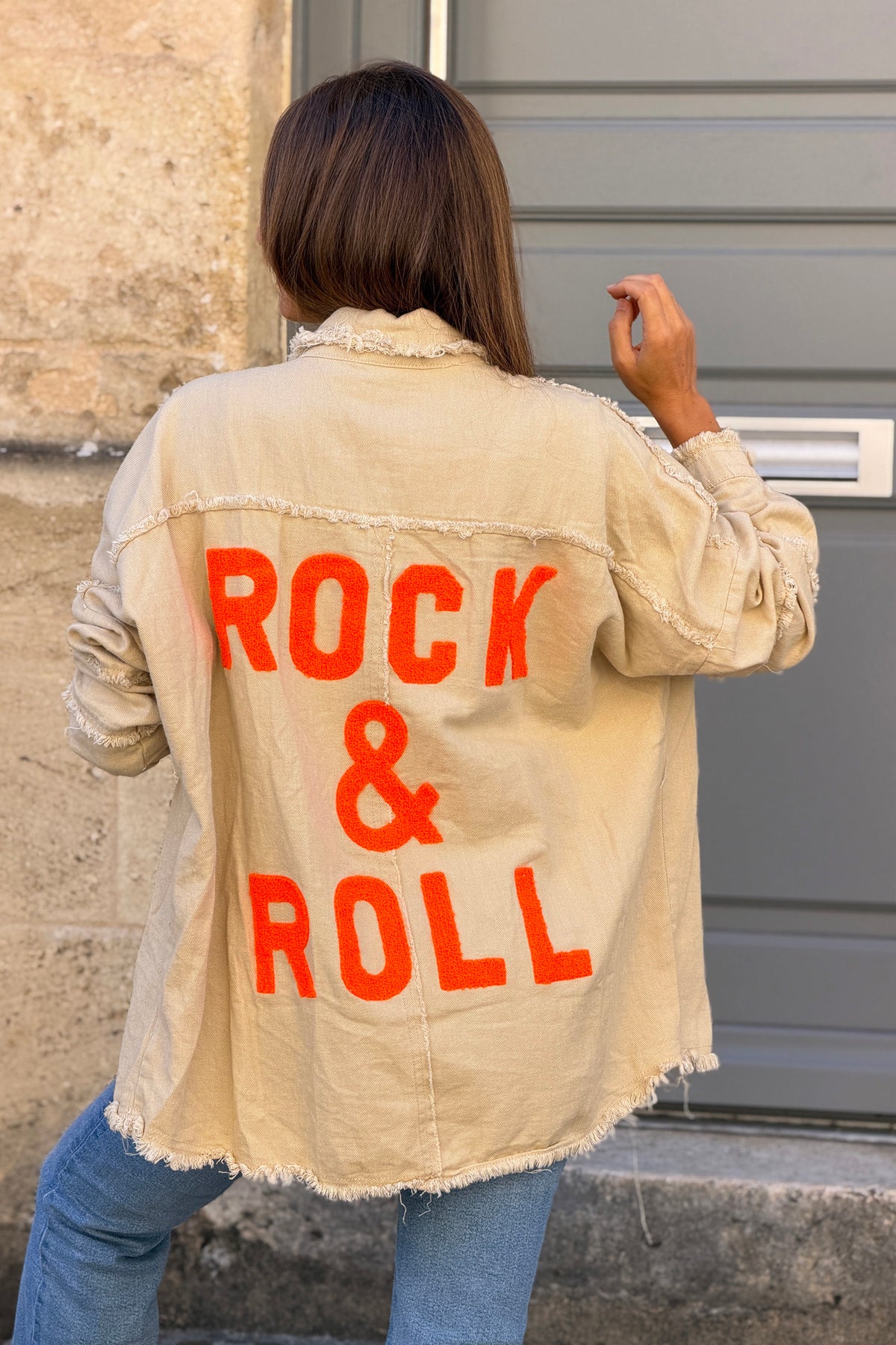 Beige denim oversized jacket 'ROCK AND ROLL' in Orange with raw seams