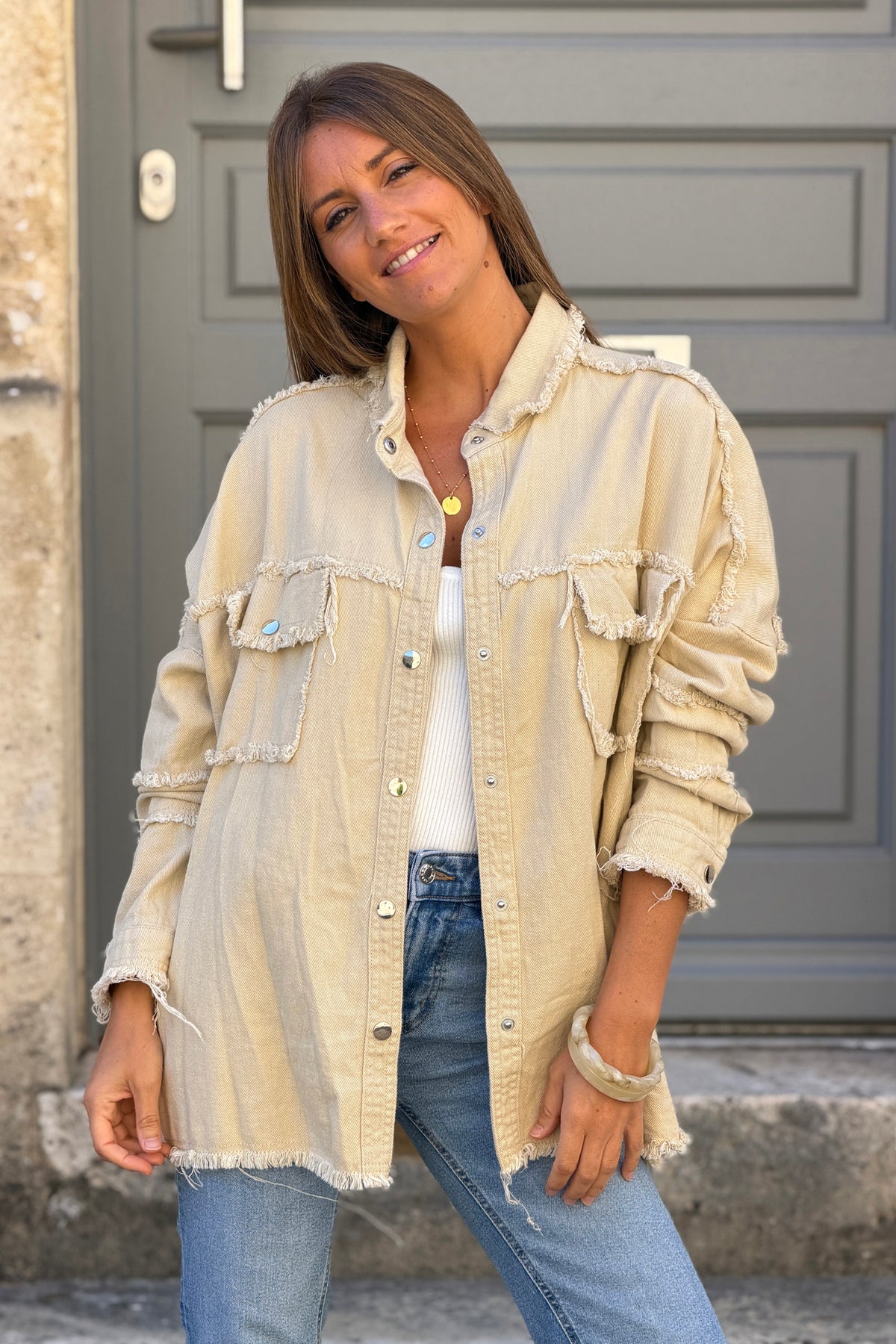 Beige denim oversized jacket 'ROCK AND ROLL' in Orange with raw seams