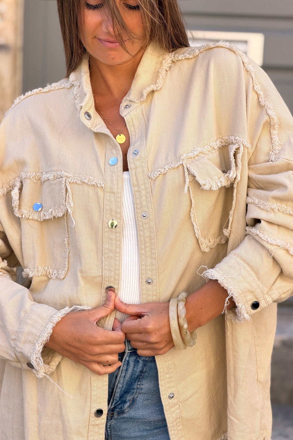 Beige denim oversized jacket 'ROCK AND ROLL' in Orange with raw seams