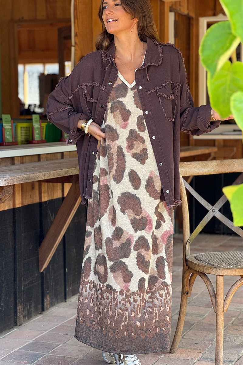 Veste en jean marron oversize finitions franges Rock and Roll en bouclettes écrue