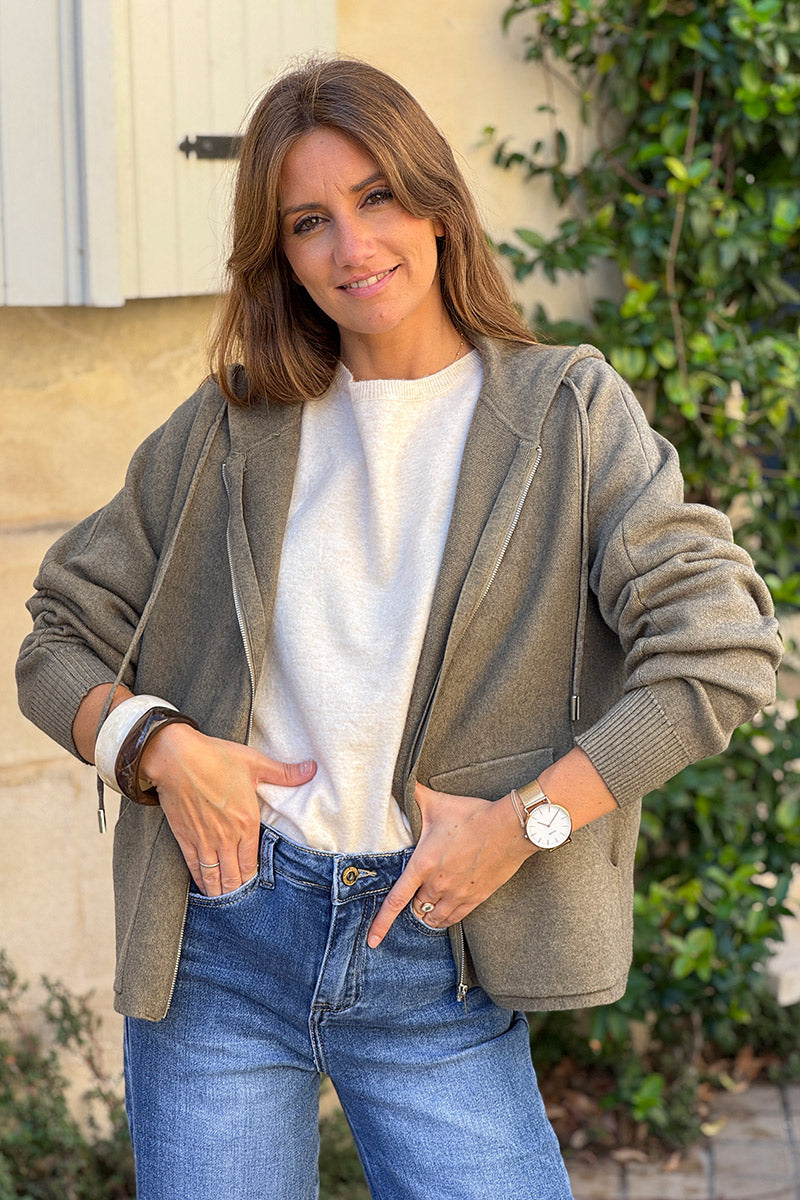 Olive Casual Sweater Zip-Up Hoodie