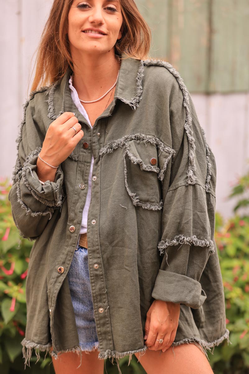 Khaki denim jacket with 'smile' and flower embroidery