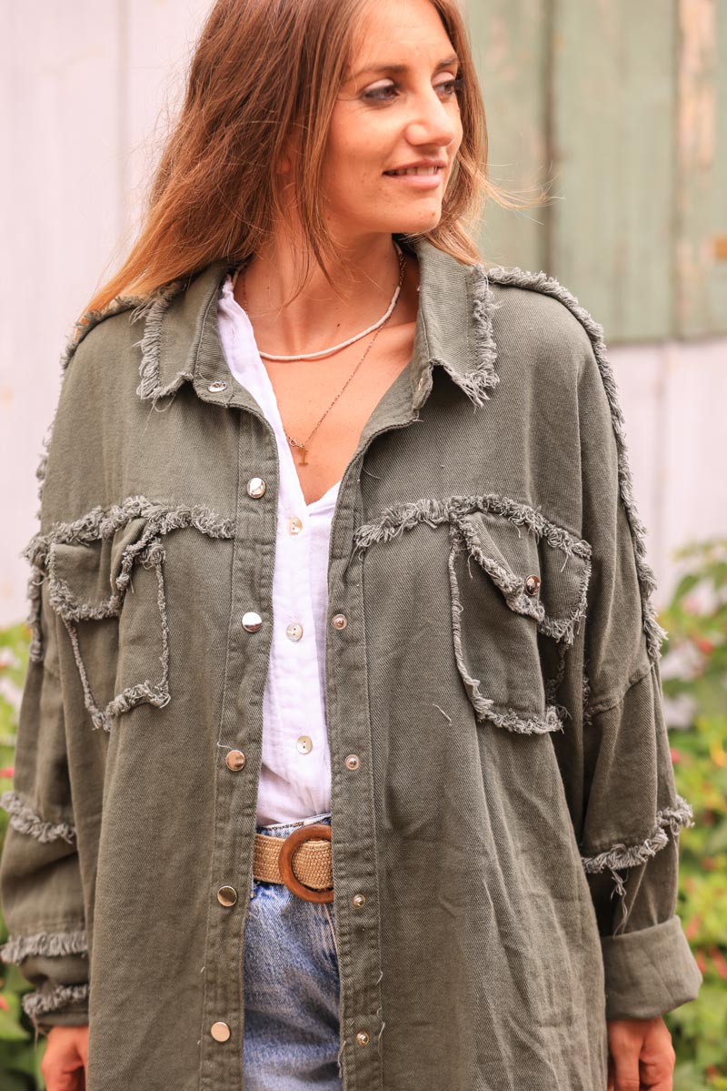 Khaki denim jacket with 'smile' and flower embroidery