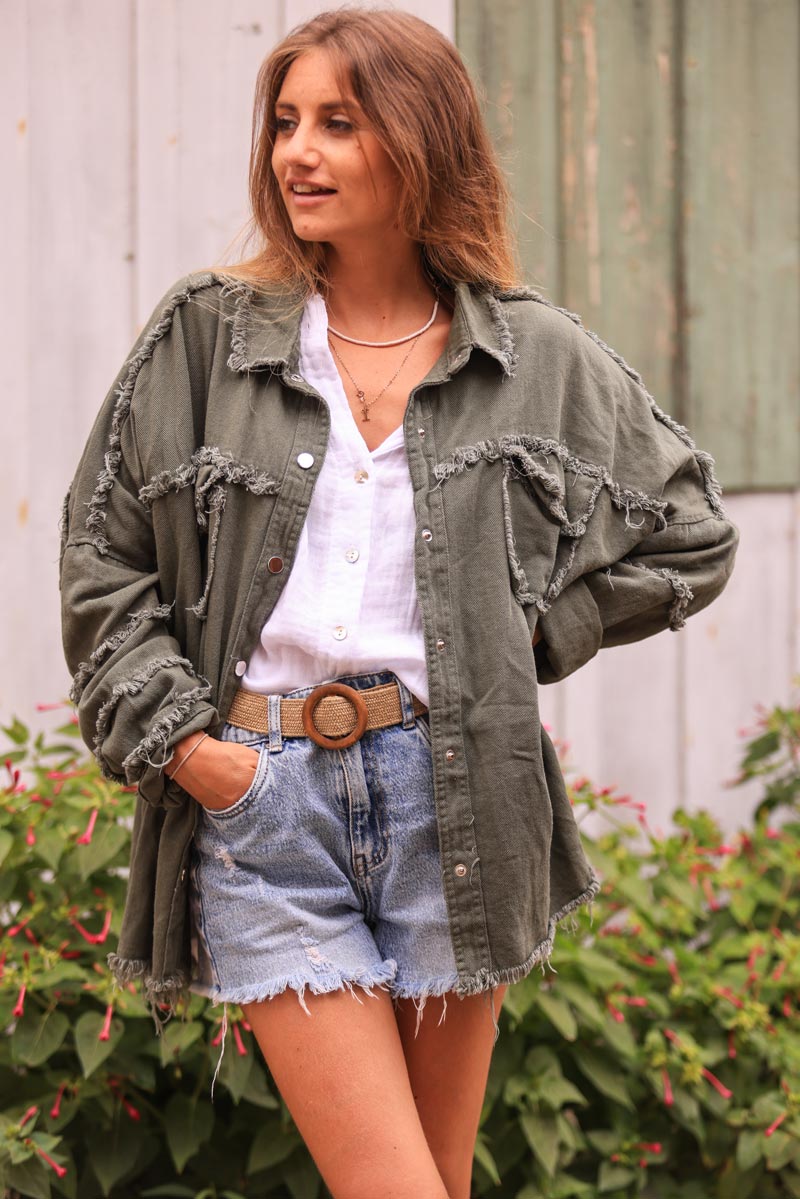 Khaki denim jacket with 'smile' and flower embroidery