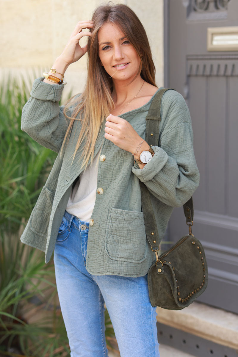 Khaki quilted cotton gauze jacket