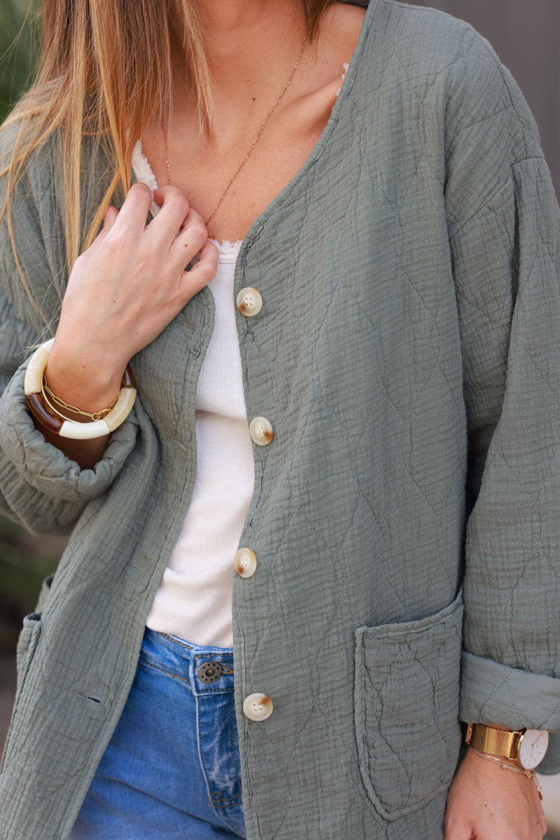 Khaki quilted cotton gauze jacket