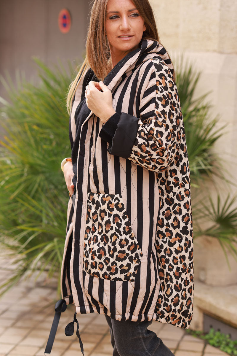 Leopard Stripe Quilted Zip-Front Jacket with Hood