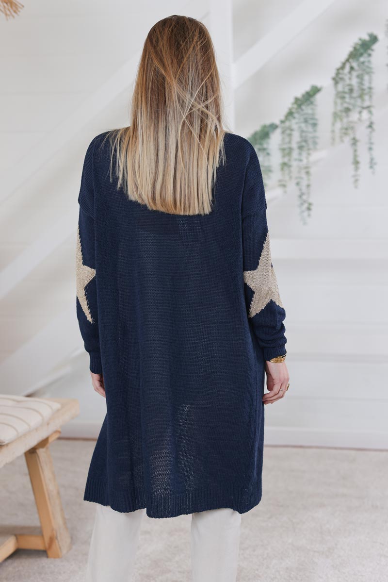 Navy blue longline cotton-knit cardigan with large gold stars on elbows