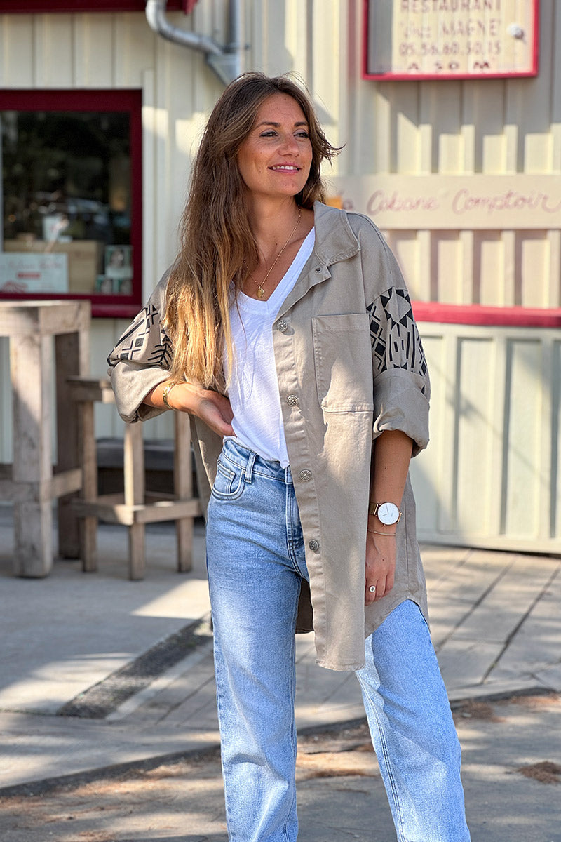 Beige Southwest Denim Shirt Jacket