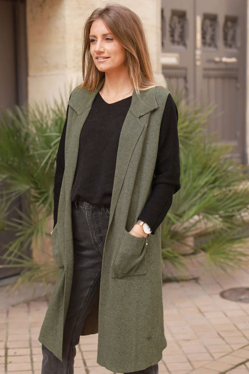 Khaki Tailored Knit Duster Vest