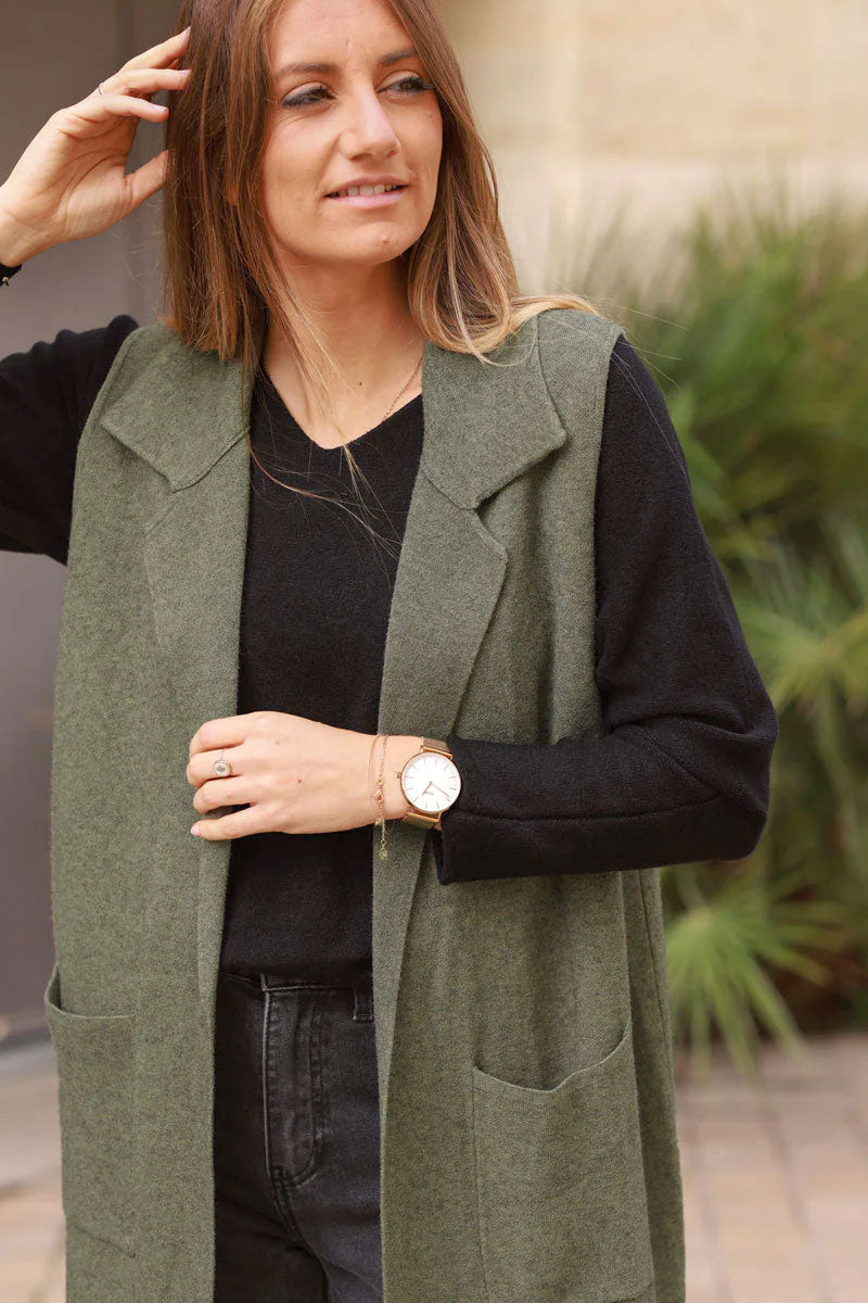 Khaki Tailored Knit Duster Vest