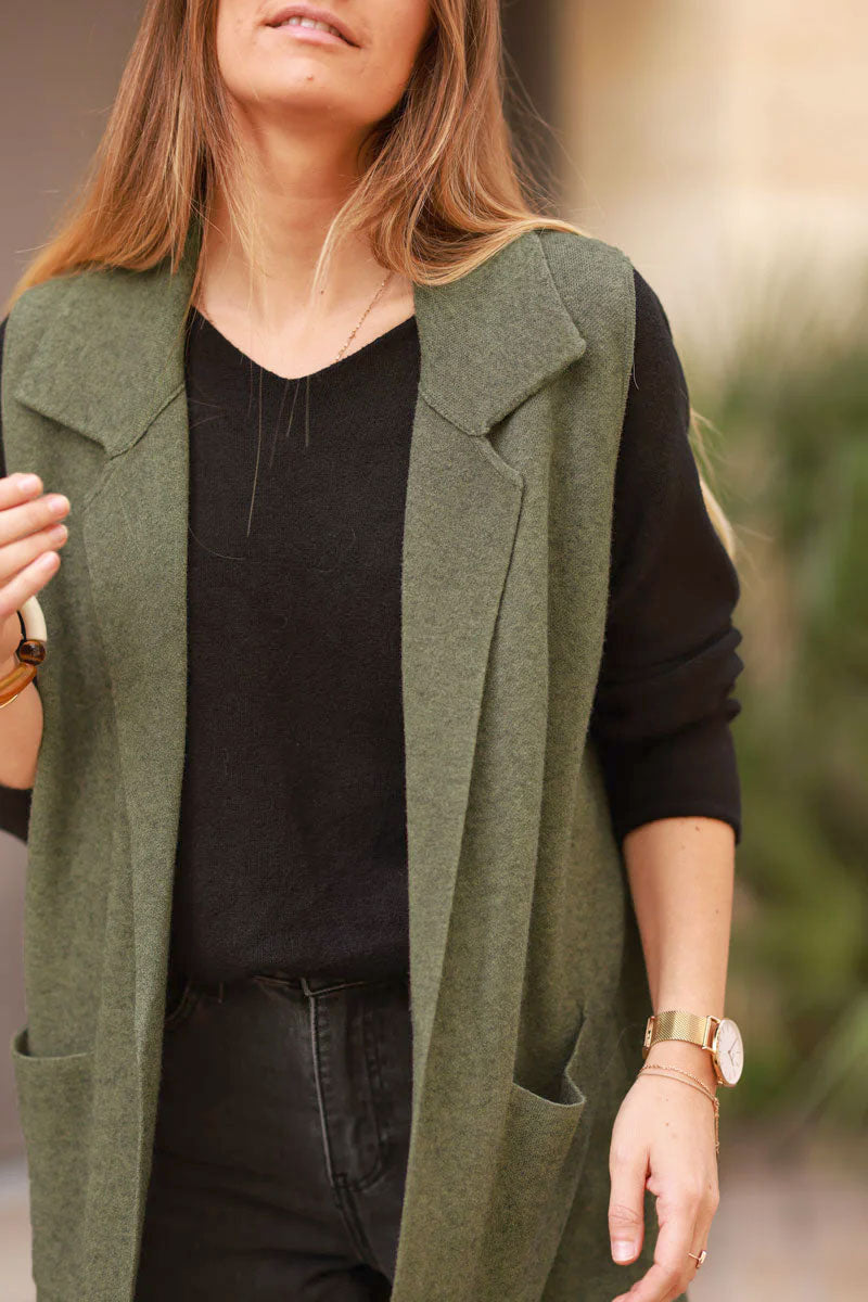 Khaki Tailored Knit Duster Vest