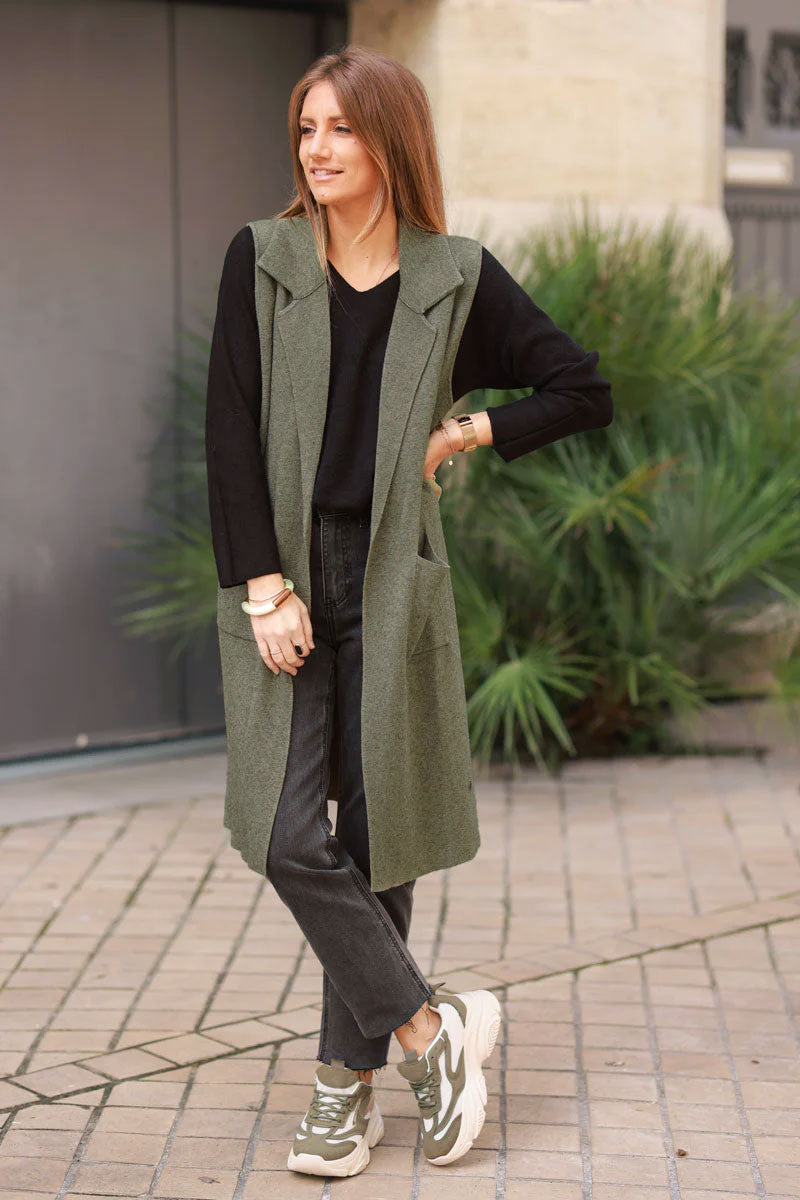 Khaki Tailored Knit Duster Vest