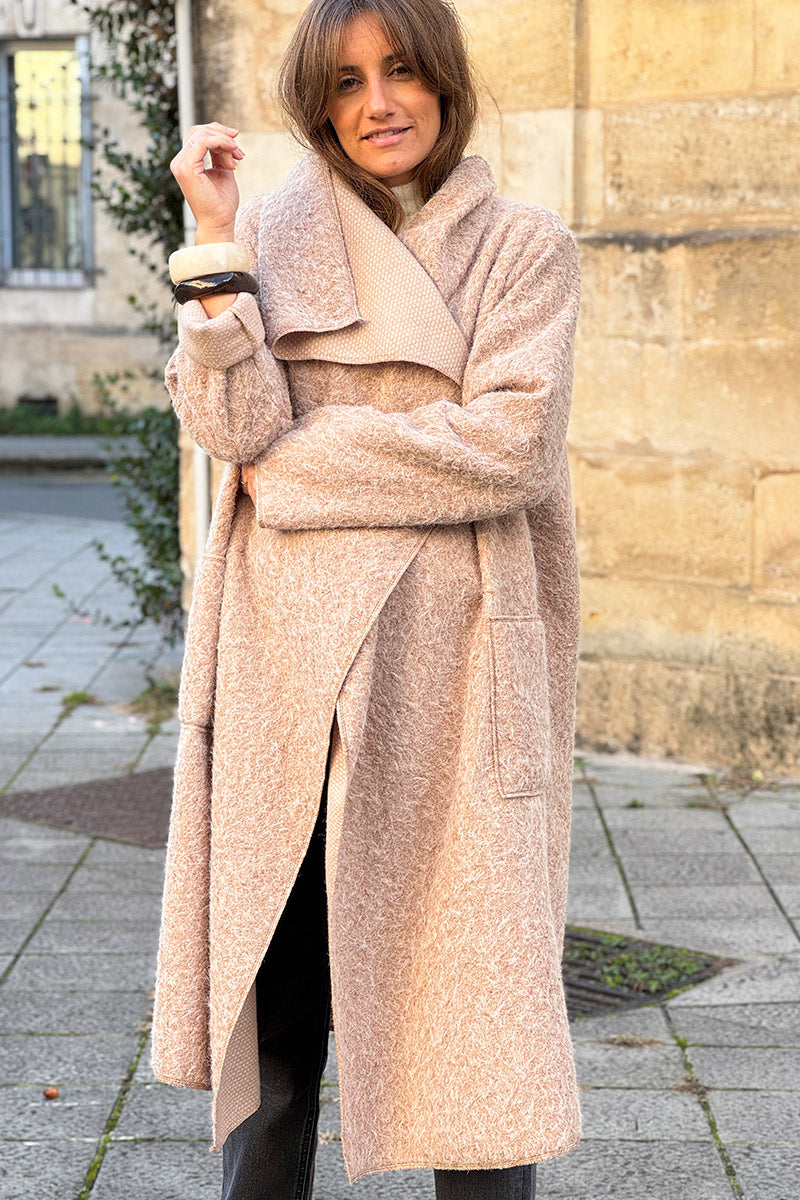 Veste manteau beige en laine bouillie avec rabat