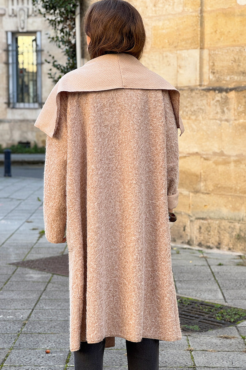 Veste manteau beige en laine bouillie avec rabat