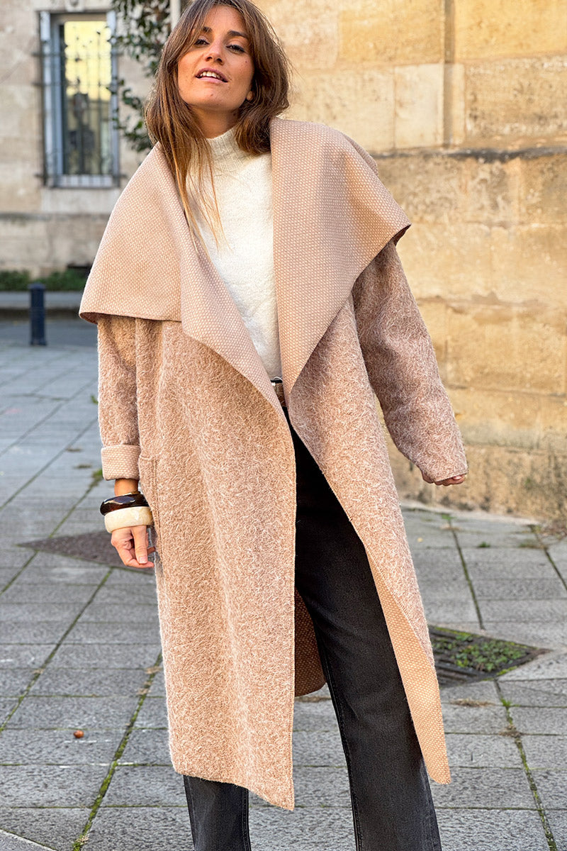 Veste manteau beige en laine bouillie avec rabat
