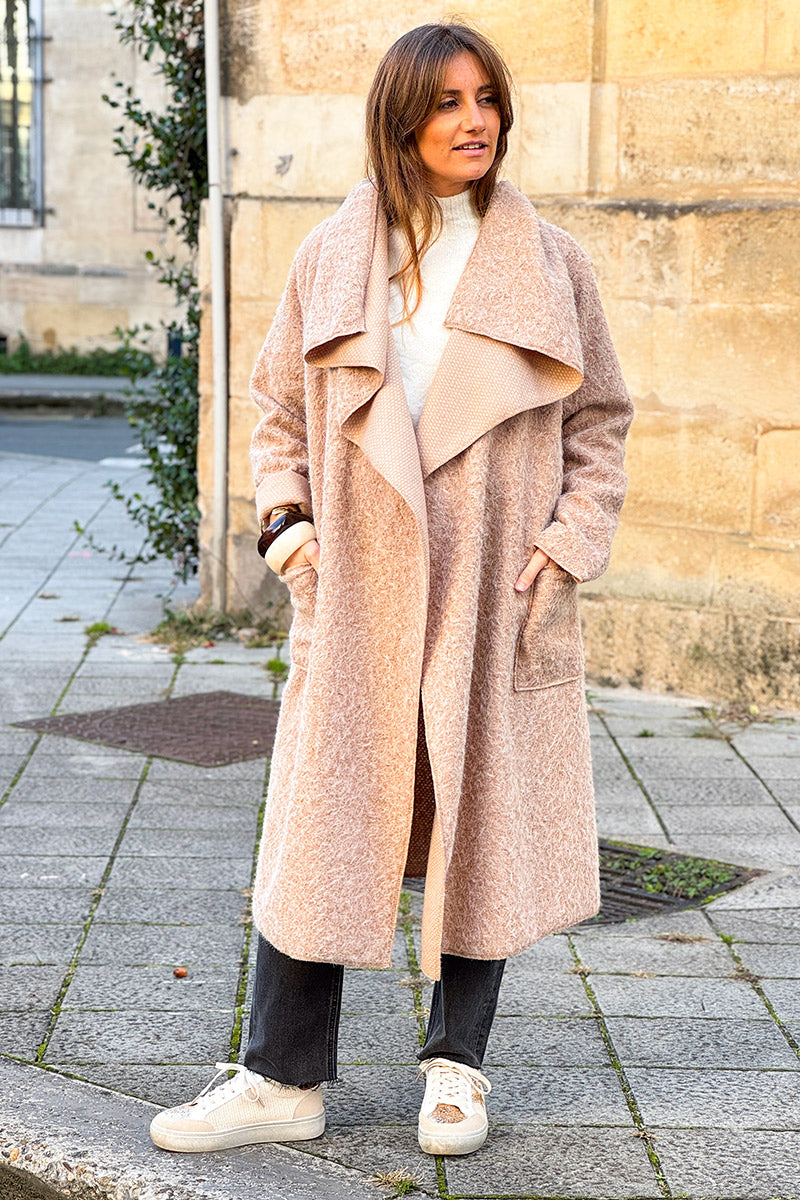 Veste manteau beige en laine bouillie avec rabat