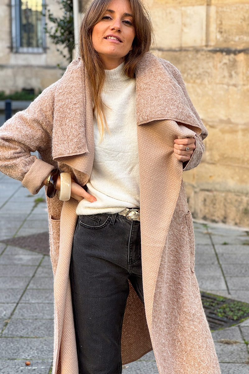 Veste manteau beige en laine bouillie avec rabat