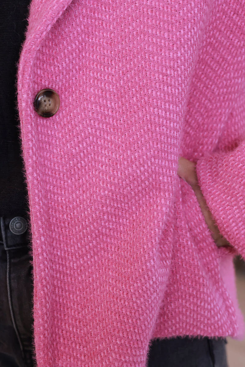 Hot Pink Cropped Herringbone Sweater Coat