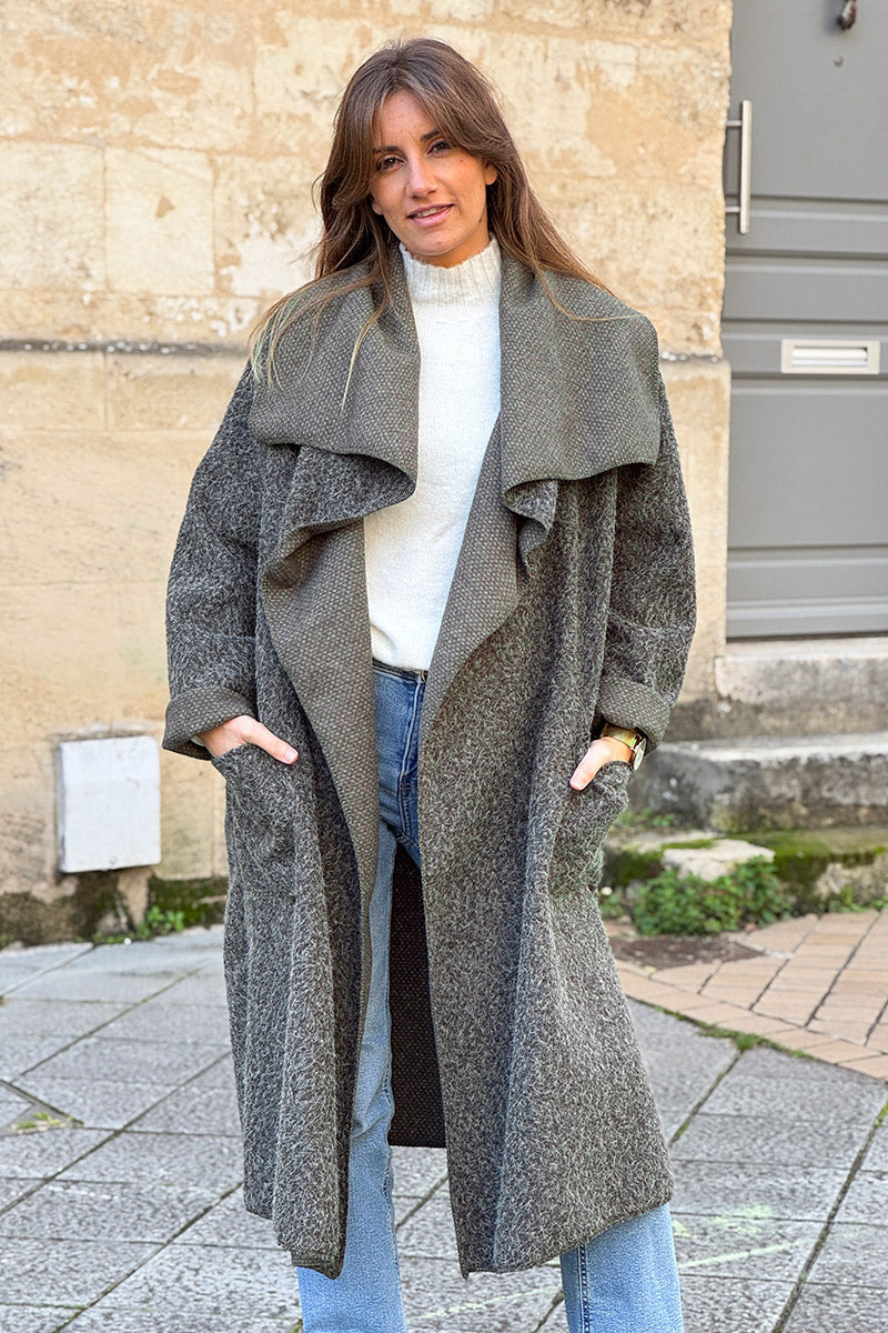 Olive Brushed Wool Drape Front Duster