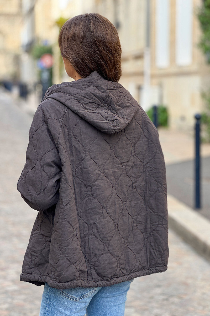Brown Quilted Cotton Zip-Up Hoodie