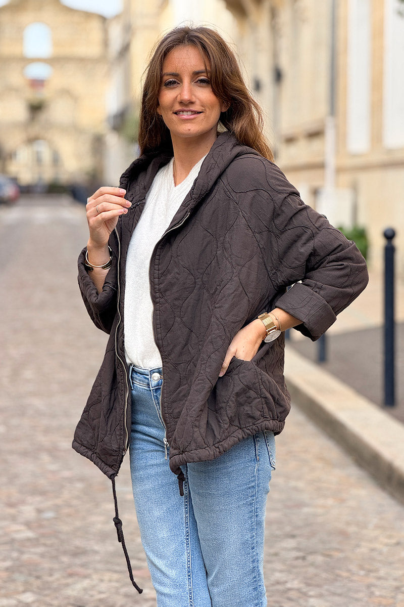 Brown Quilted Cotton Zip-Up Hoodie