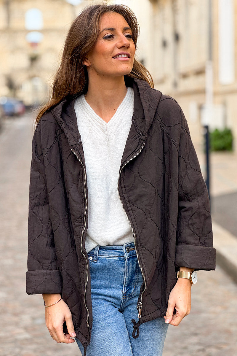 Brown Quilted Cotton Zip-Up Hoodie