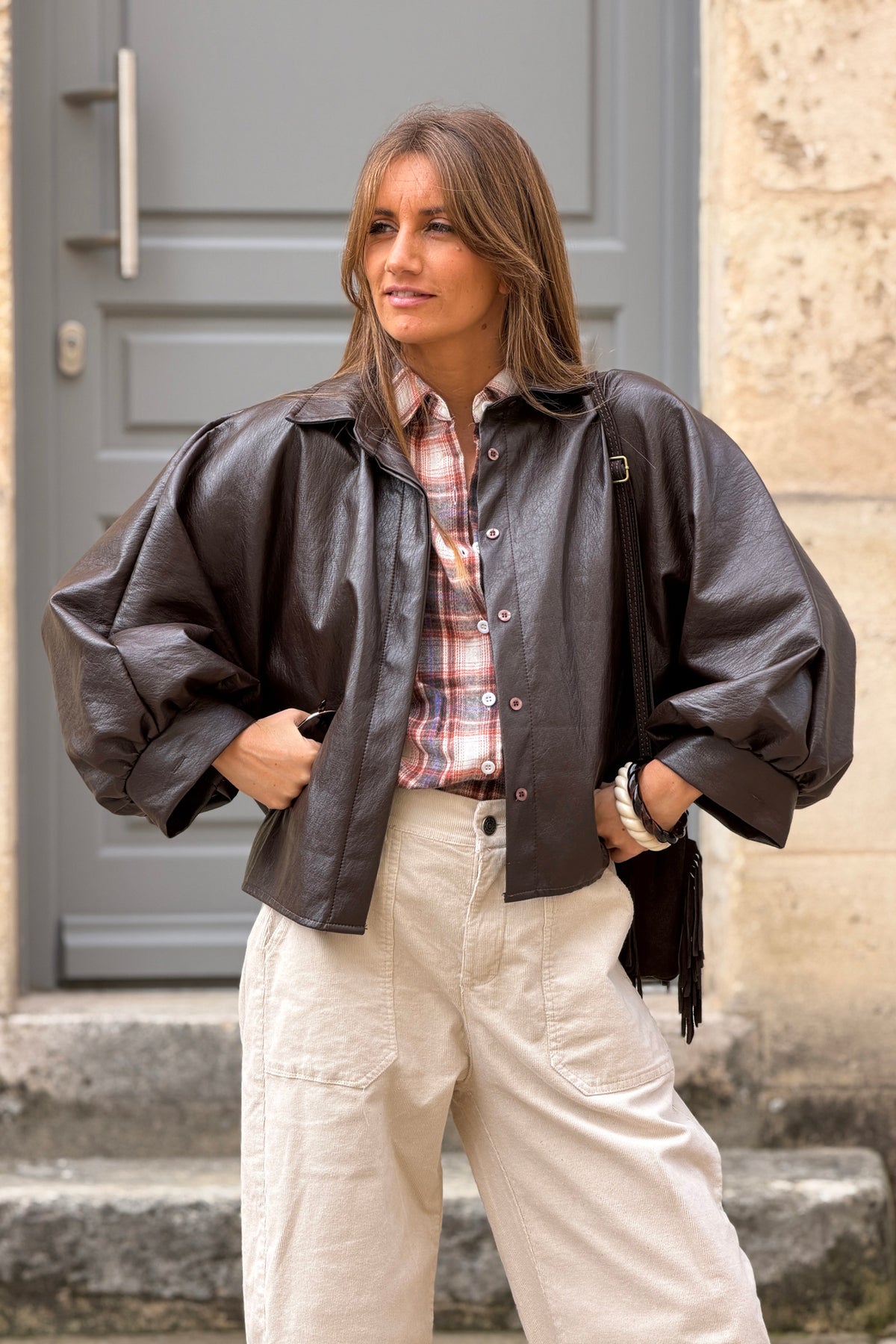 Brown Leatherette Dolman Sleeve Jacket