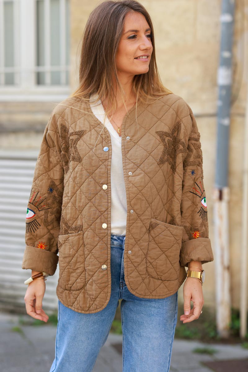 Camel Starry Eyed Quilted Utility Jacket