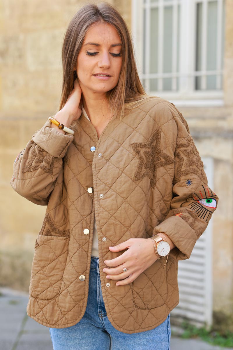 Camel Starry Eyed Quilted Utility Jacket