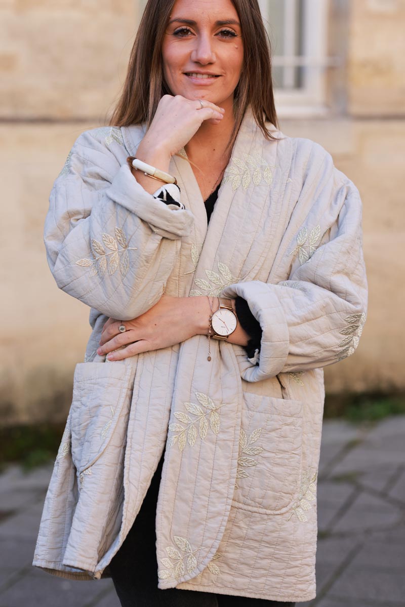 Beige Quilted Coat with Embroidered Leaf Motif