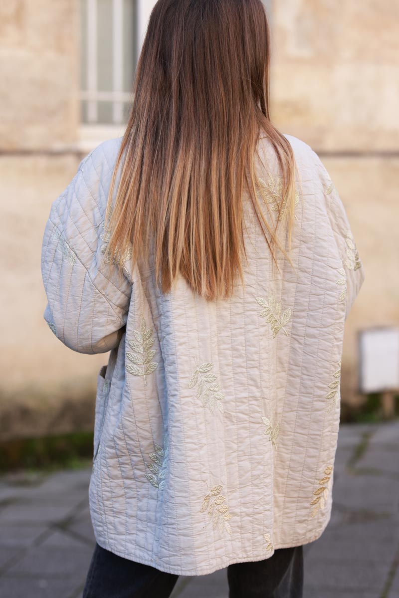 Beige Quilted Coat with Embroidered Leaf Motif