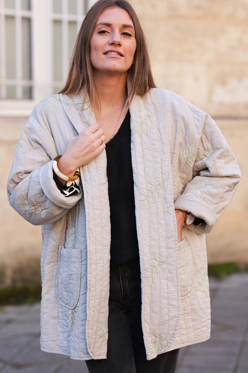 Beige Quilted Coat with Embroidered Leaf Motif