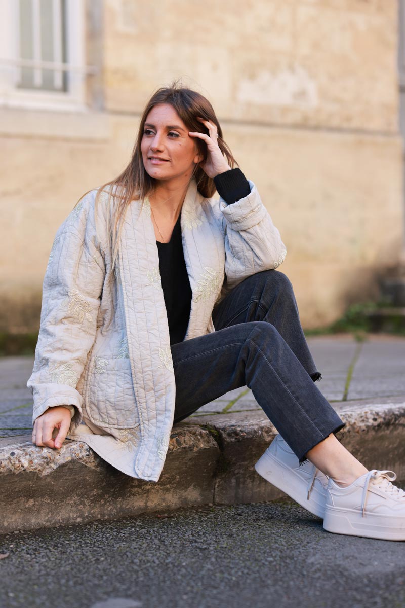 Beige Quilted Coat with Embroidered Leaf Motif