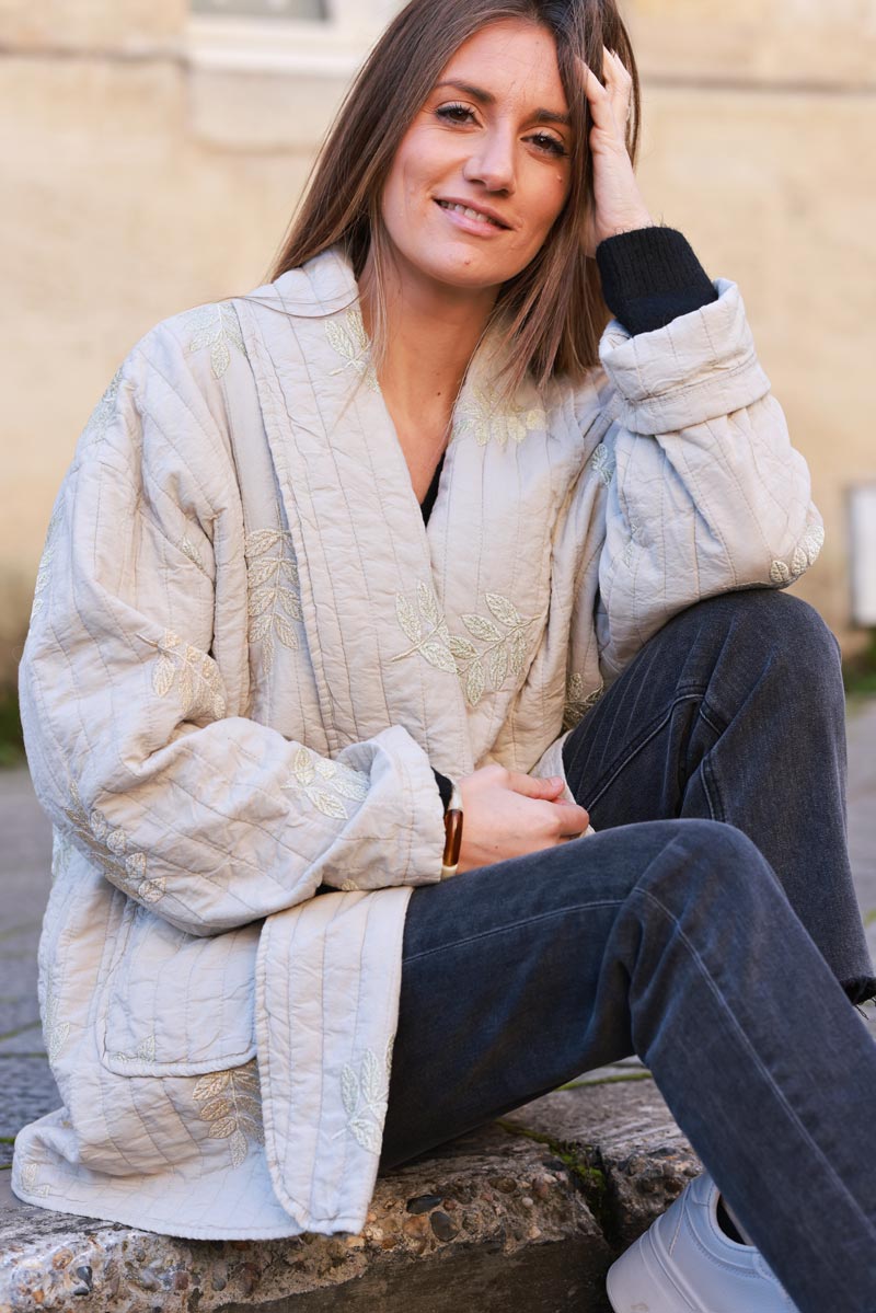 Beige Quilted Coat with Embroidered Leaf Motif